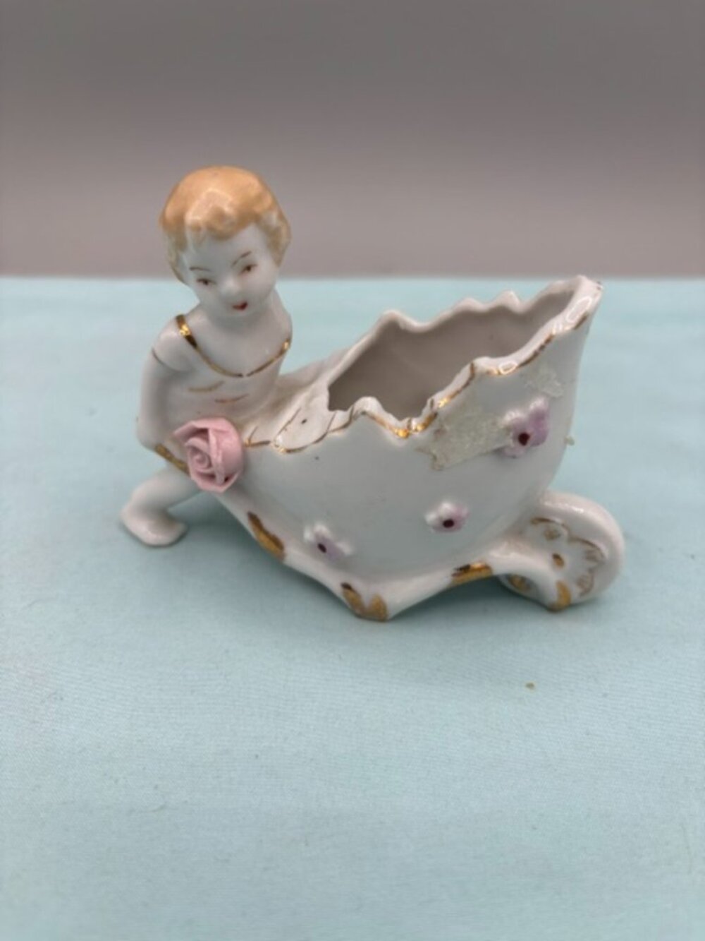 Vintage Cherub With Cart and Roses Bone China made In Japan Figurine